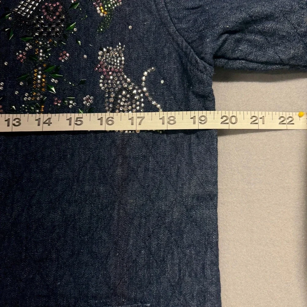Rainbow Quilted‎ Denim Jacket Rhinestone Cat Snap Front Corduroy Collar Women